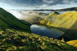 nature, Landscape, Mountains, Iceland, Rock, Hills, Clouds, Mist, Water, Lake, Reflection, Grass, Stream, Valley, Stones