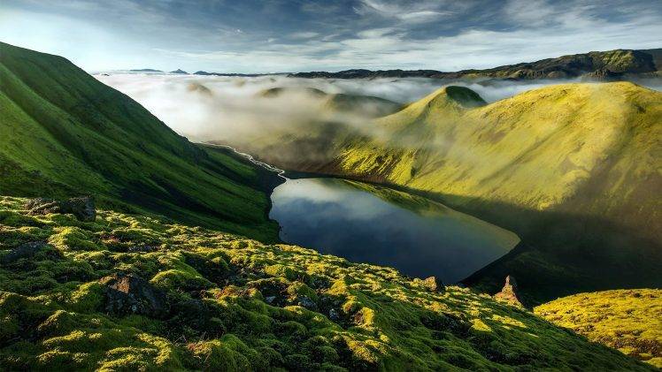 nature, Landscape, Mountains, Iceland, Rock, Hills, Clouds, Mist, Water, Lake, Reflection, Grass, Stream, Valley, Stones HD Wallpaper Desktop Background