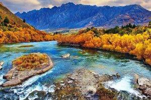 nature, Landscape, Fall, River, Forest, Mountains, Yellow, Trees, New Zealand