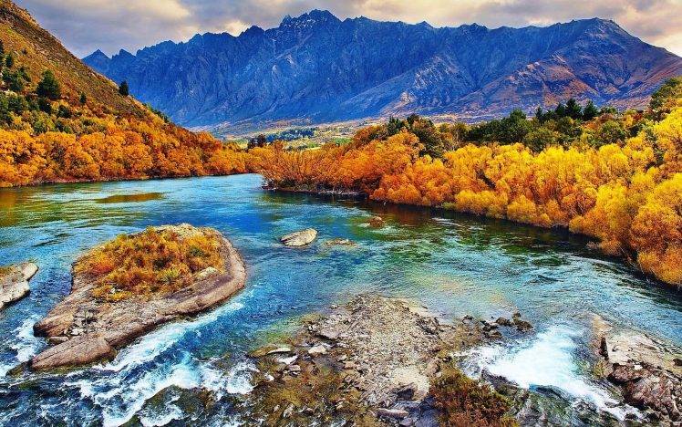nature, Landscape, Fall, River, Forest, Mountains, Yellow, Trees, New Zealand HD Wallpaper Desktop Background