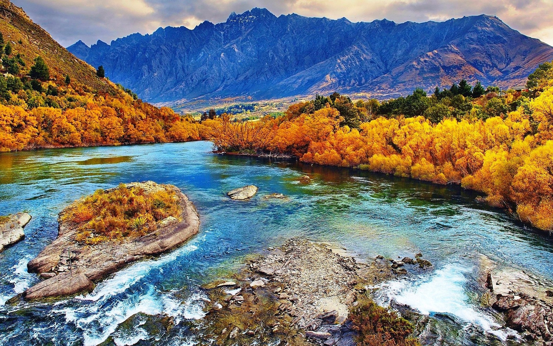 nature, Landscape, Fall, River, Forest, Mountains, Yellow, Trees, New Zealand Wallpaper