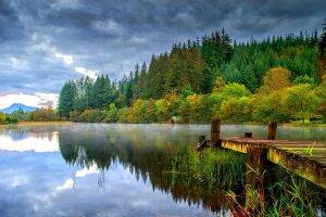 landscape, Nature, Dock, Lake, Forest, Dark, Clouds, Green, Trees, Boathouses, Reflection