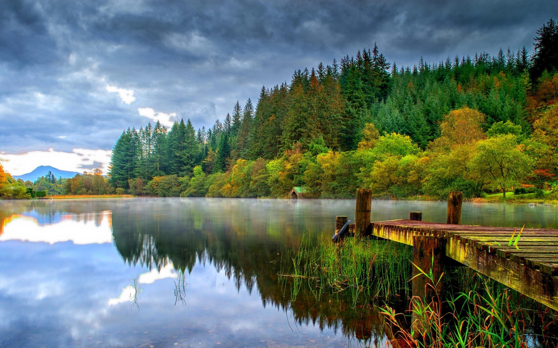landscape, Nature, Dock, Lake, Forest, Dark, Clouds, Green, Trees, Boathous...