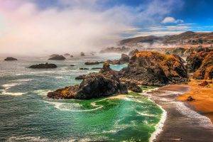 nature, Landscape, Beach, Sea, Rocks, Coast, Mist, Hills, California