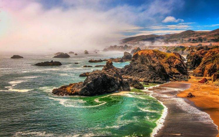 nature, Landscape, Beach, Sea, Rocks, Coast, Mist, Hills, California HD Wallpaper Desktop Background