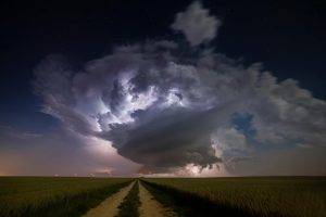 storm, Clouds, Road, Nature, Lightning, Field