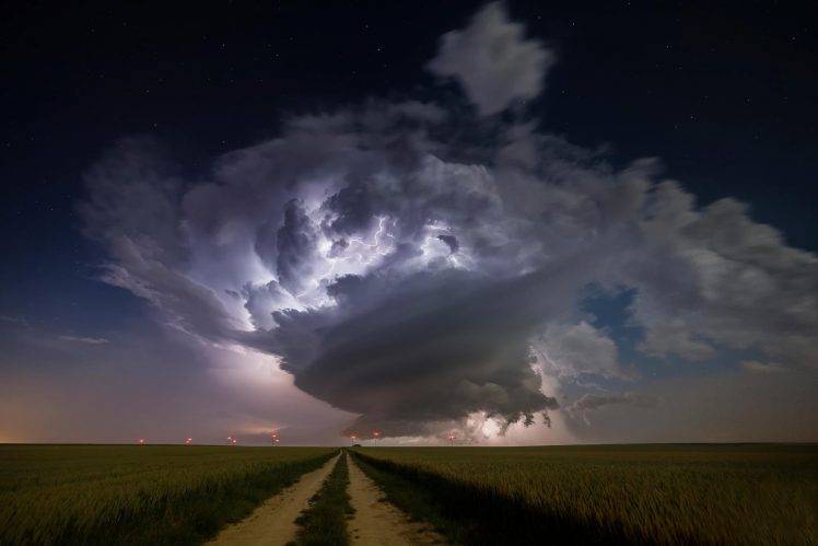 storm, Clouds, Road, Nature, Lightning, Field HD Wallpaper Desktop Background