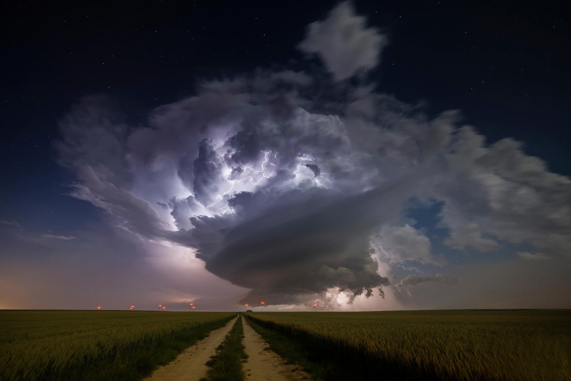 storm, Clouds, Road, Nature, Lightning, Field Wallpaper