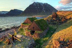 nature, Landscape, Water, Sea, Iceland, House, Wood, Rock, Stones, Grass, Mountains, Hills, Clouds, Snowy Peak, Coast