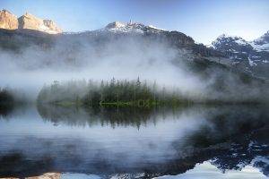 nature, Landscape, Mist, Lake, Mountains, Sunset, Reflection, Pine Trees, Snowy Peak