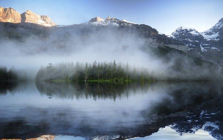 nature, Landscape, Mist, Lake, Mountains, Sunset, Reflection, Pine Trees, Snowy Peak HD Wallpaper Desktop Background