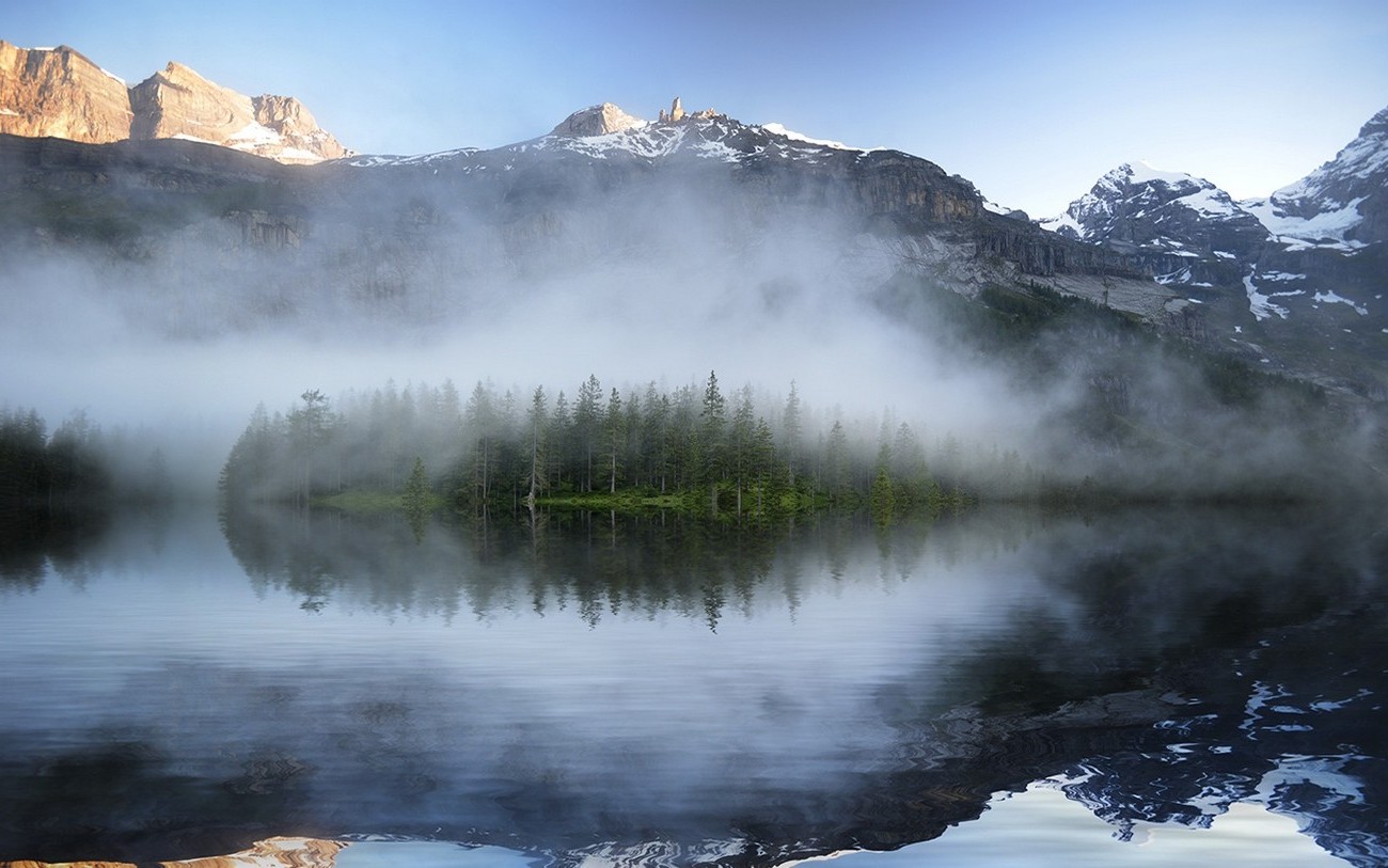 nature, Landscape, Mist, Lake, Mountains, Sunset, Reflection, Pine Trees, Snowy Peak Wallpaper