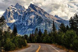 nature, Landscape, Mountains, Road, Trees, Clouds, Shrubs, Sunlight, Wyoming
