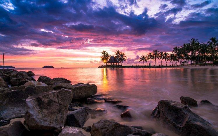 nature, Landscape, Sunset, Tropical, Beach, Clouds, Sky, Sea, Palm Trees, Rocks, Malaysia HD Wallpaper Desktop Background
