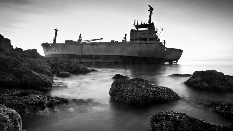ship, Wreck, Shipwreck, Nature, Landscape, Rock, Sea, Stones, Monochrome, Cranes (machine) HD Wallpaper Desktop Background