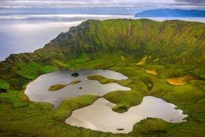 nature, Landscape, Hills, Clouds, Azores, Portugal, Island, Sea, Water, Lake, Field, Grass, Sun Rays, Mountains, Birds Eye View