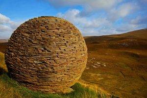 nature, Landscape, Hills, Clouds, Scotland, UK, Sphere, Bricks, Valley, Grass, Stones