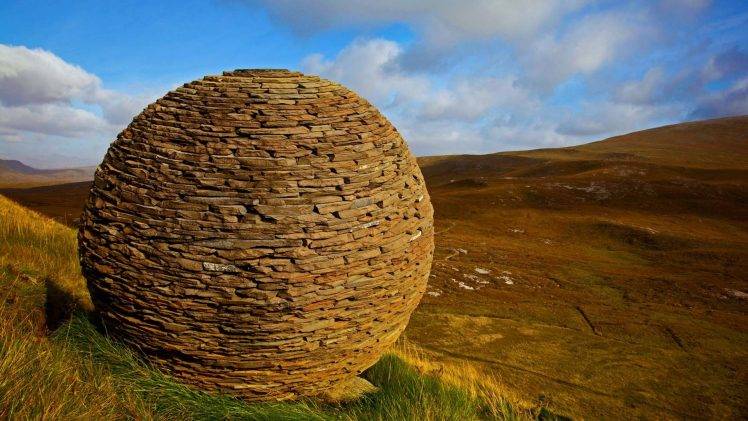 nature, Landscape, Hills, Clouds, Scotland, UK, Sphere, Bricks, Valley, Grass, Stones HD Wallpaper Desktop Background