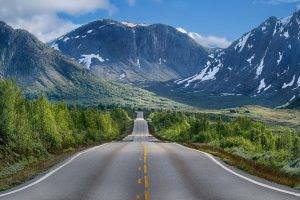 nature, Landscape, Road, Mountains, Trees, Snow, Shrubs, Summer, Norway