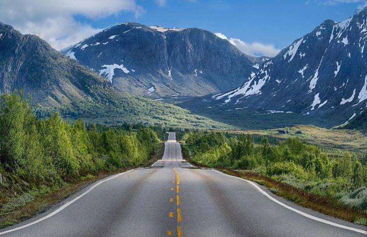nature, Landscape, Road, Mountains, Trees, Snow, Shrubs, Summer, Norway HD Wallpaper Desktop Background