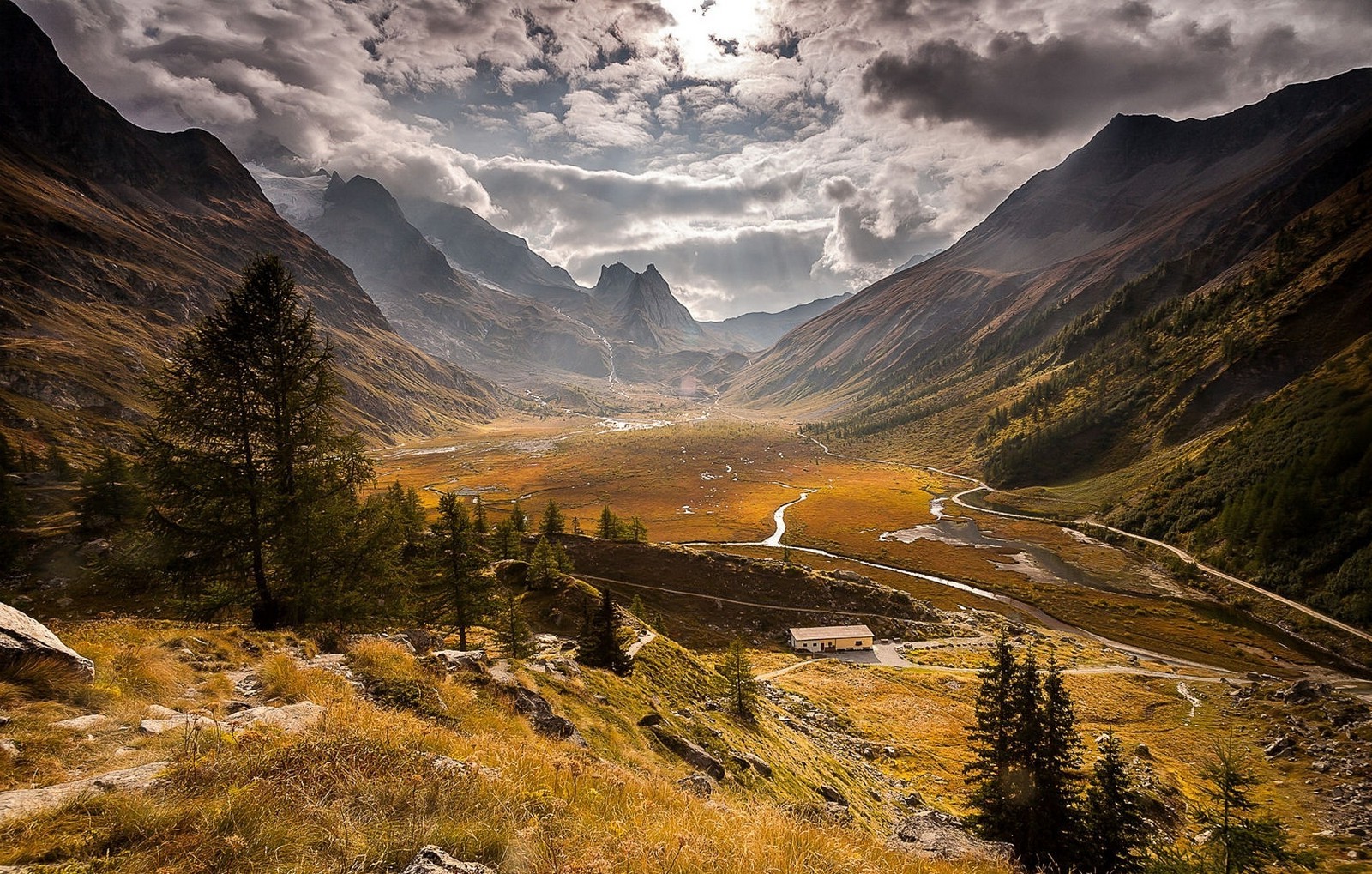 nature, Landscape, Mountains, Valley, Clouds, Sunlight, Dry Grass, Road, Trees, Alps, Italy Wallpaper