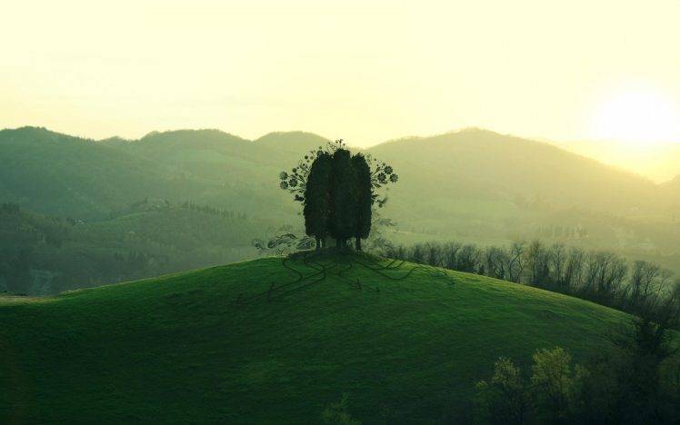 nature, Photoshop, Trees, Mountains, Green, Sky, Sun HD Wallpaper Desktop Background