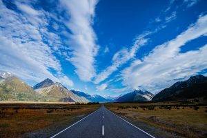 nature, Landscape, Mountains, Road, Clouds, Trees, Snowy Peak, Hills, Grass, Field, New Zealand