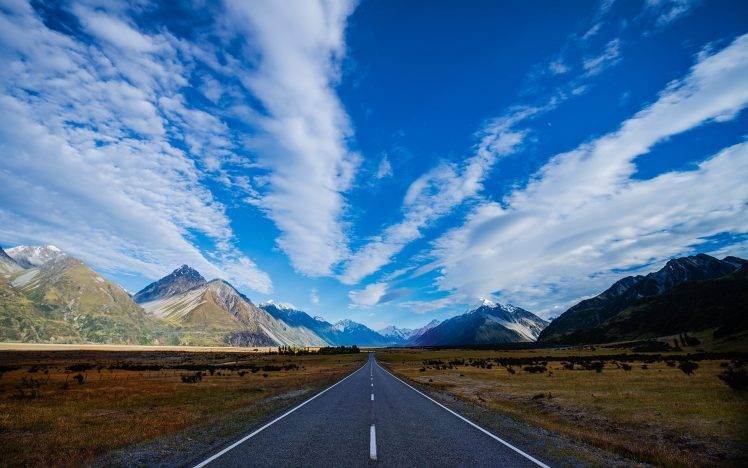 nature, Landscape, Mountains, Road, Clouds, Trees, Snowy Peak, Hills, Grass, Field, New Zealand HD Wallpaper Desktop Background