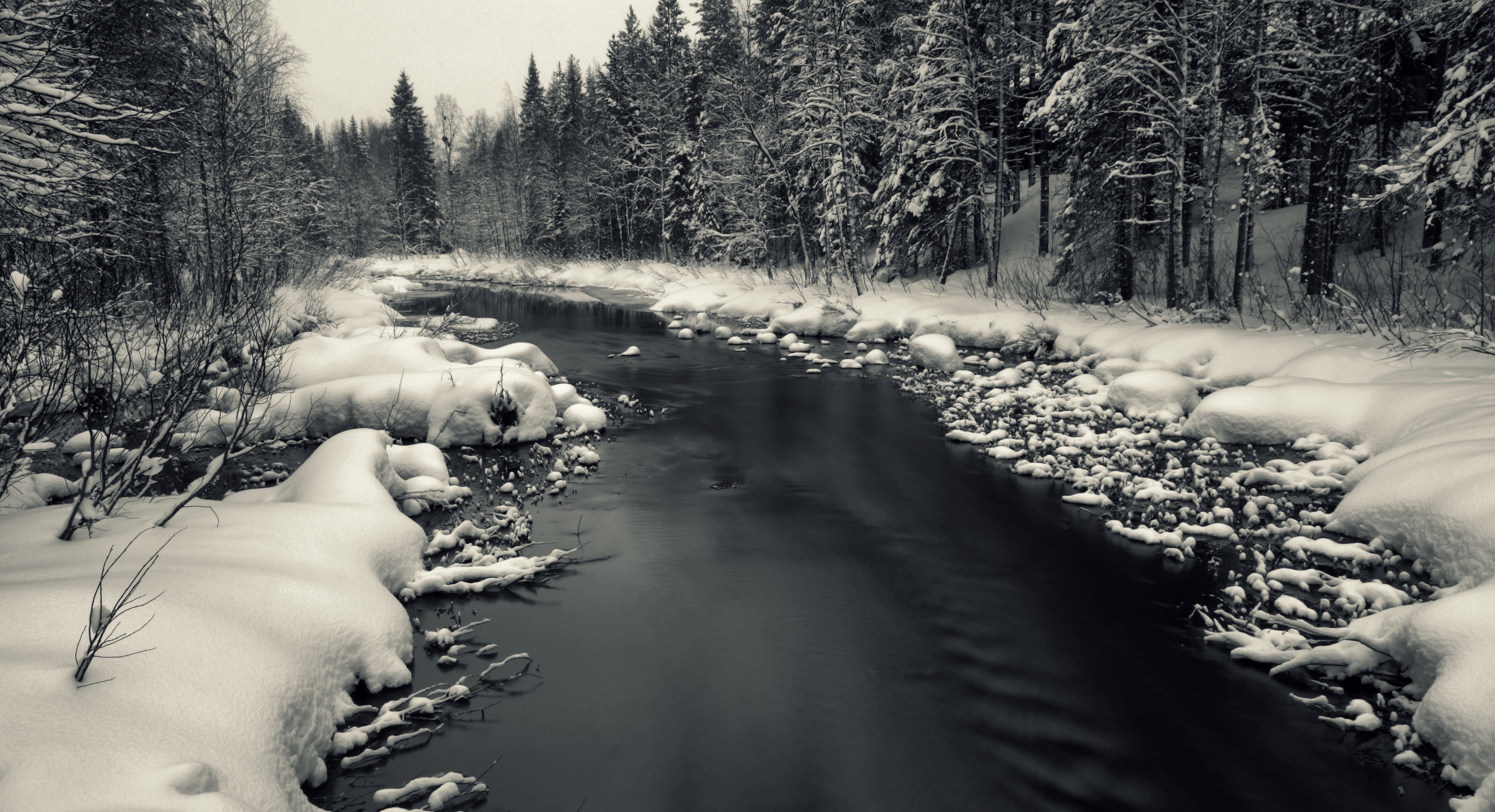 snow, Landscape, River Wallpaper