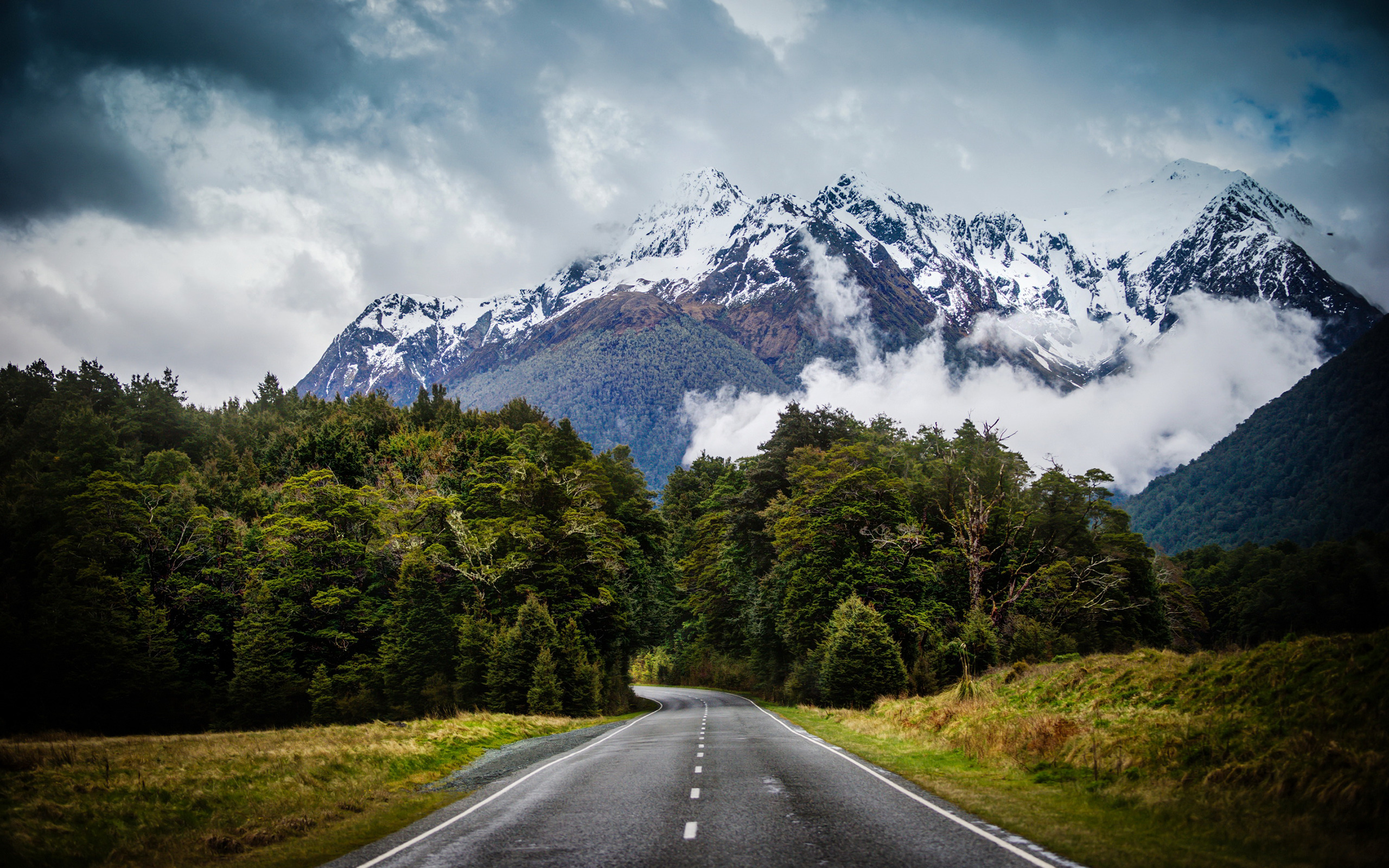 road, Landscape, Mountains, Clouds, Forest, New Zealand Wallpaper