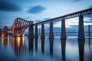 Forth Bridge, Scotland, Evening, Lights, Landscape, Reflection