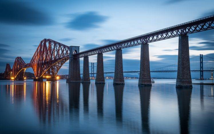 Forth Bridge, Scotland, Evening, Lights, Landscape, Reflection HD Wallpaper Desktop Background