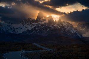 nature, Landscape, Mountains, Road, Car, Sunlight, Clouds, Snowy Peak, Sunset, Patagonia, Argentina