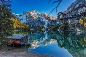 nature, Landscape, Lake, Fall, Mountains, Forest, Blue, Sky, Water, House, Reflection, Alps, Italy