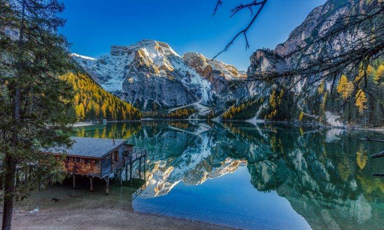 nature, Landscape, Lake, Fall, Mountains, Forest, Blue, Sky, Water, House, Reflection, Alps, Italy HD Wallpaper Desktop Background