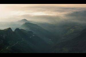 nature, Landscape, Mist, Valley, Mountains, Sunrise, Road, Shrubs, Clouds, Sunlight, Brazil