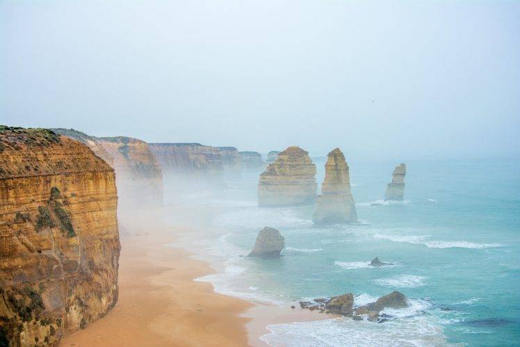 cliff, Mist, Nature, Sea, Water, Sand, Australia, Twelve Apostles HD Wallpaper Desktop Background