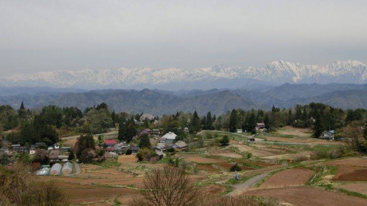 village, Rural, Mountains, Spring, Peaceful, Japan, Nagano Prefecture, Landscape, Nature, Terraced Field, Horizon HD Wallpaper Desktop Background