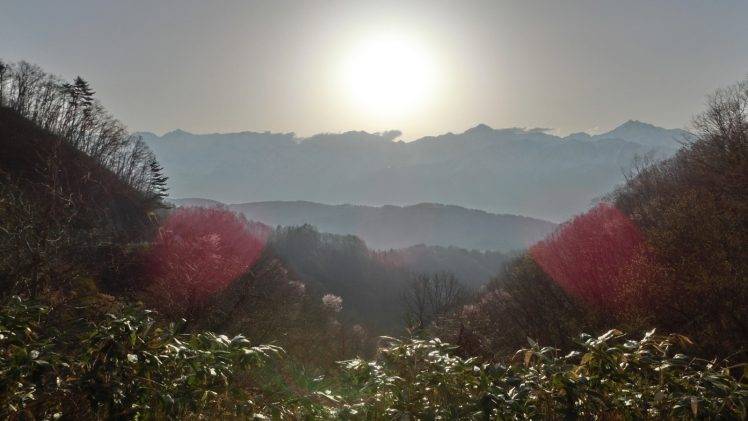 Japan, Forest, Mountains, Lens Flare, Valley, Sunset, Nagano Prefecture, Landscape, Nature HD Wallpaper Desktop Background