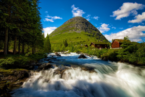 nature, Landscape, Mountains, Clouds, Norway, Hills, Stream, Trees, Forest, House, Rock, Stones, Long Exposure, Water