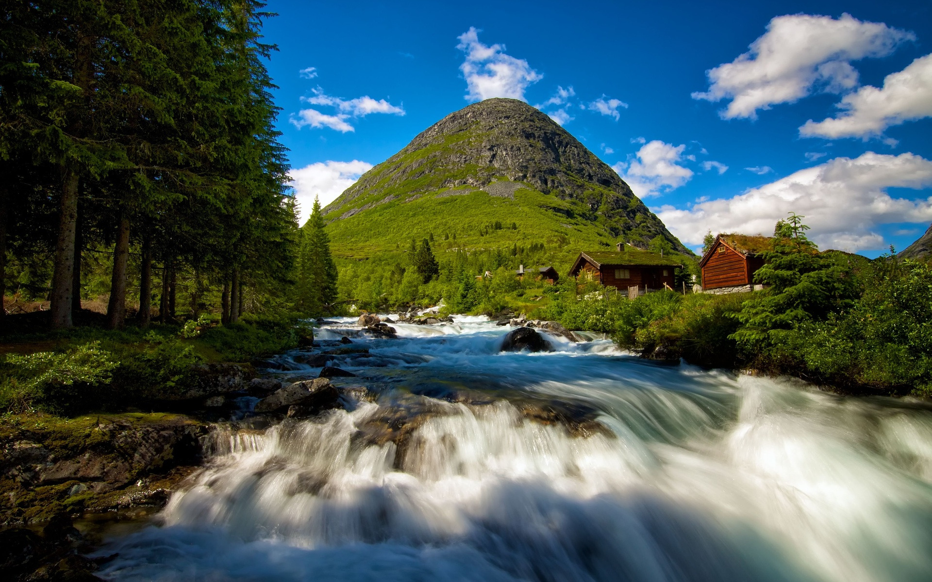 nature, Landscape, Mountains, Clouds, Norway, Hills, Stream, Trees, Forest, House, Rock, Stones, Long Exposure, Water Wallpaper