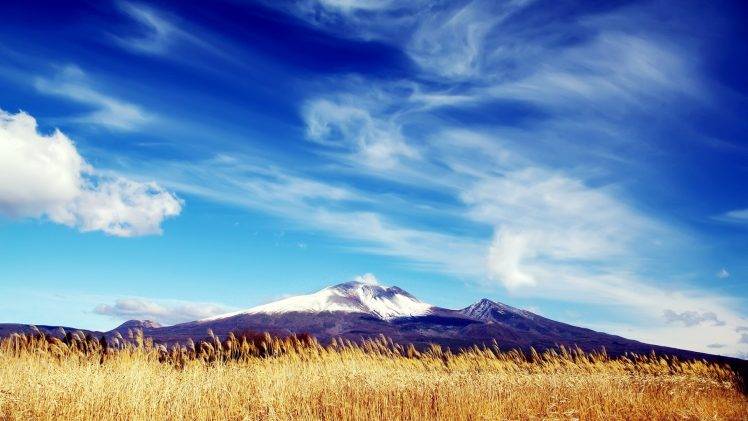 nature, Landscape, Mountains, Clouds, Snowy Peak, Field, Grain HD Wallpaper Desktop Background