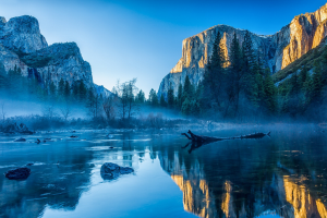 Yosemite National Park, USA, Yosemite Valley, California, Landscape, River, Water, OS X, Reflection, Mist, Nature, Apple Inc., Trees