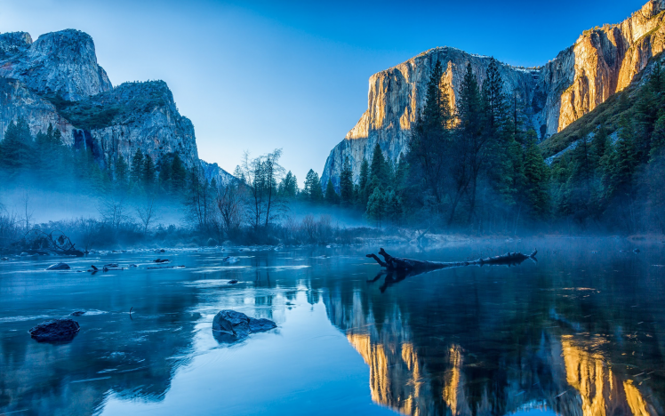Yosemite National Park, USA, Yosemite Valley, California, Landscape, River, Water, OS X, Reflection, Mist, Nature, Apple Inc., Trees HD Wallpaper Desktop Background