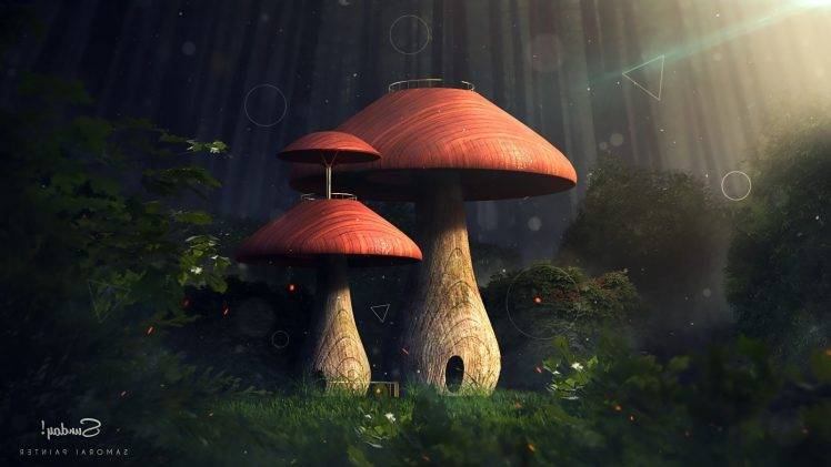 fantasy Art, Nature, Trees, Forest, Mushroom, Sun Rays, Triangle, Circle, Leaves, Digital Art HD Wallpaper Desktop Background