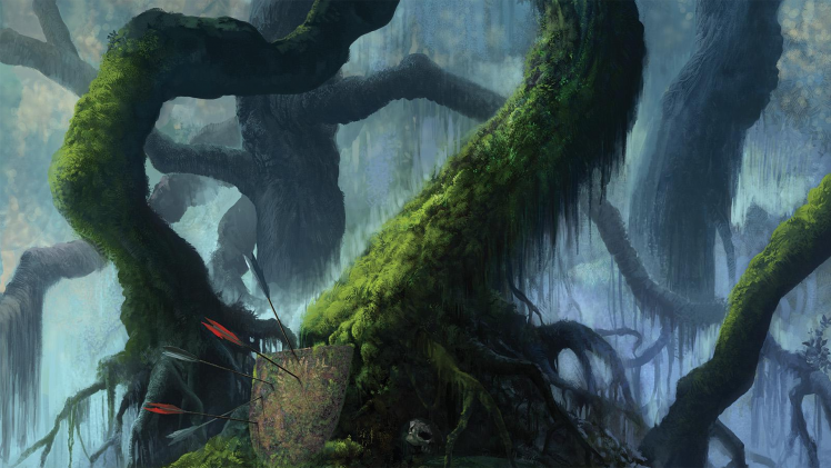 fantasy Art, Nature, Trees, Forest, Coat Of Arms, Arrows, Moss, Mist, Branch, Skull HD Wallpaper Desktop Background