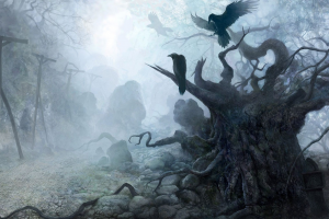 creepy, Fantasy Art, Nature, Trees, Branch, Animals, Birds, Crow, Mist, Dark, Roots, Column, Stones