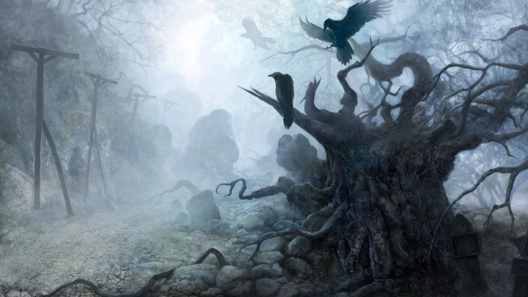 creepy, Fantasy Art, Nature, Trees, Branch, Animals, Birds, Crow, Mist, Dark, Roots, Column, Stones HD Wallpaper Desktop Background