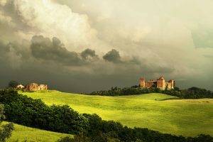 architecture, Building, Nature, Castle, Ancient, Tuscany, Italy, Field, Grass, Hills, Forest, Clouds