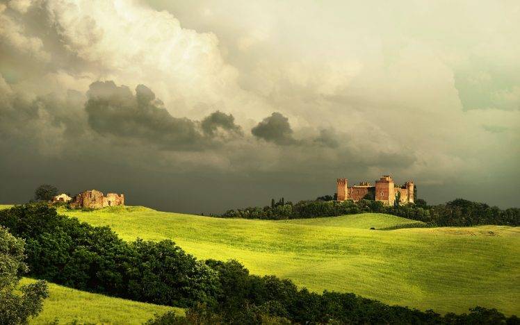 architecture, Building, Nature, Castle, Ancient, Tuscany, Italy, Field, Grass, Hills, Forest, Clouds HD Wallpaper Desktop Background